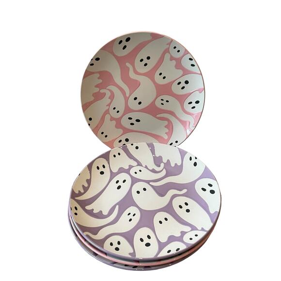 Halloween GHOST Appetizer Plates 7.5in Set of 4 Ceramic Pink & Purple NEW - Picture 7 of 10